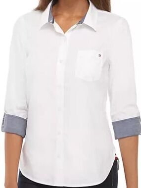 TOMMY HILFIGER button up long sleeve roll tab collared cotton white blue size XL